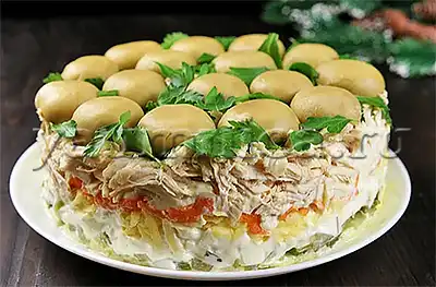 Слоеный салат с курицей и грибами 8 рецептов от шеф повара (7 видео) | Грибы собираем